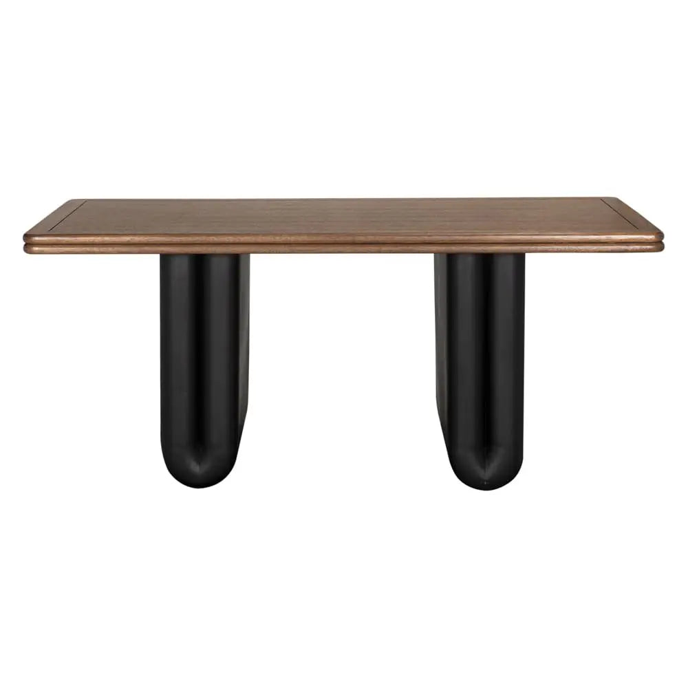 Table with a wooden top and black cylindrical legs on a white background