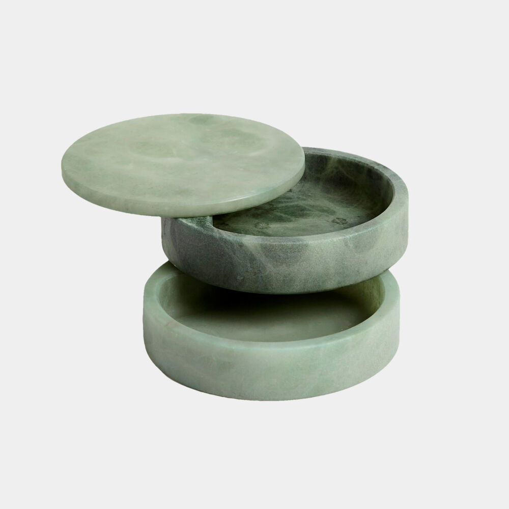 Green stone box with two separate compartments on a white background