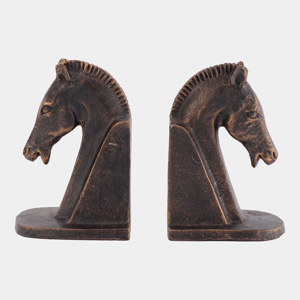 Pair of bronze horse head bookends on a white background