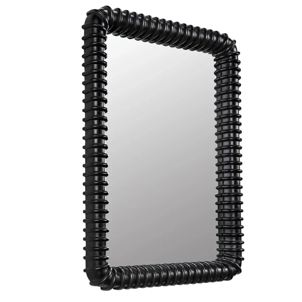Black ribbed rectangular frame mirror on a white background