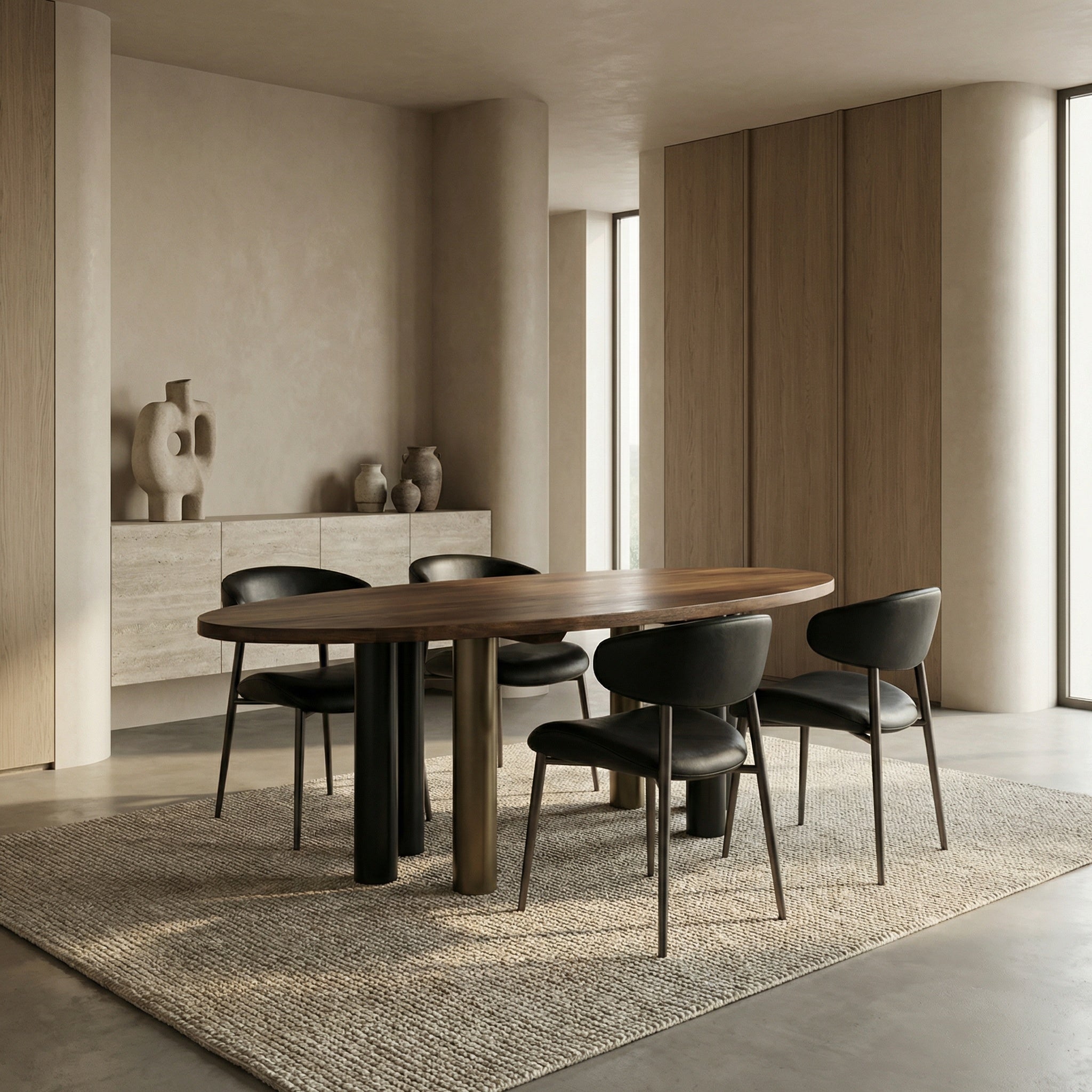 Journal Oval Dining Table, Dark Walnut with Black & Aged Brass Iron Base