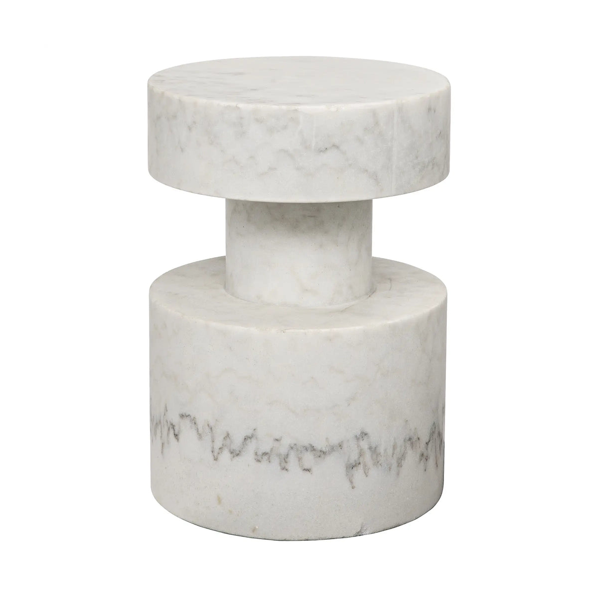 A modern two-tier cylindrical side table made of white marble with natural gray veining, shown against a plain white background.