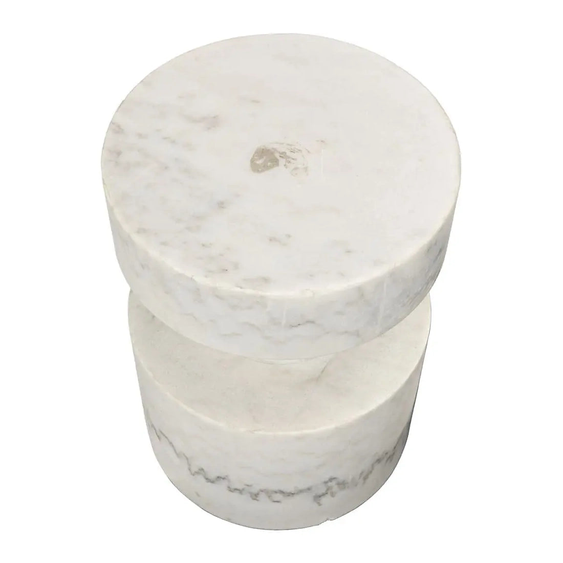 A two-tiered cylindrical side table made of white marble with natural gray veining, shown from a top-down angle on a white background.