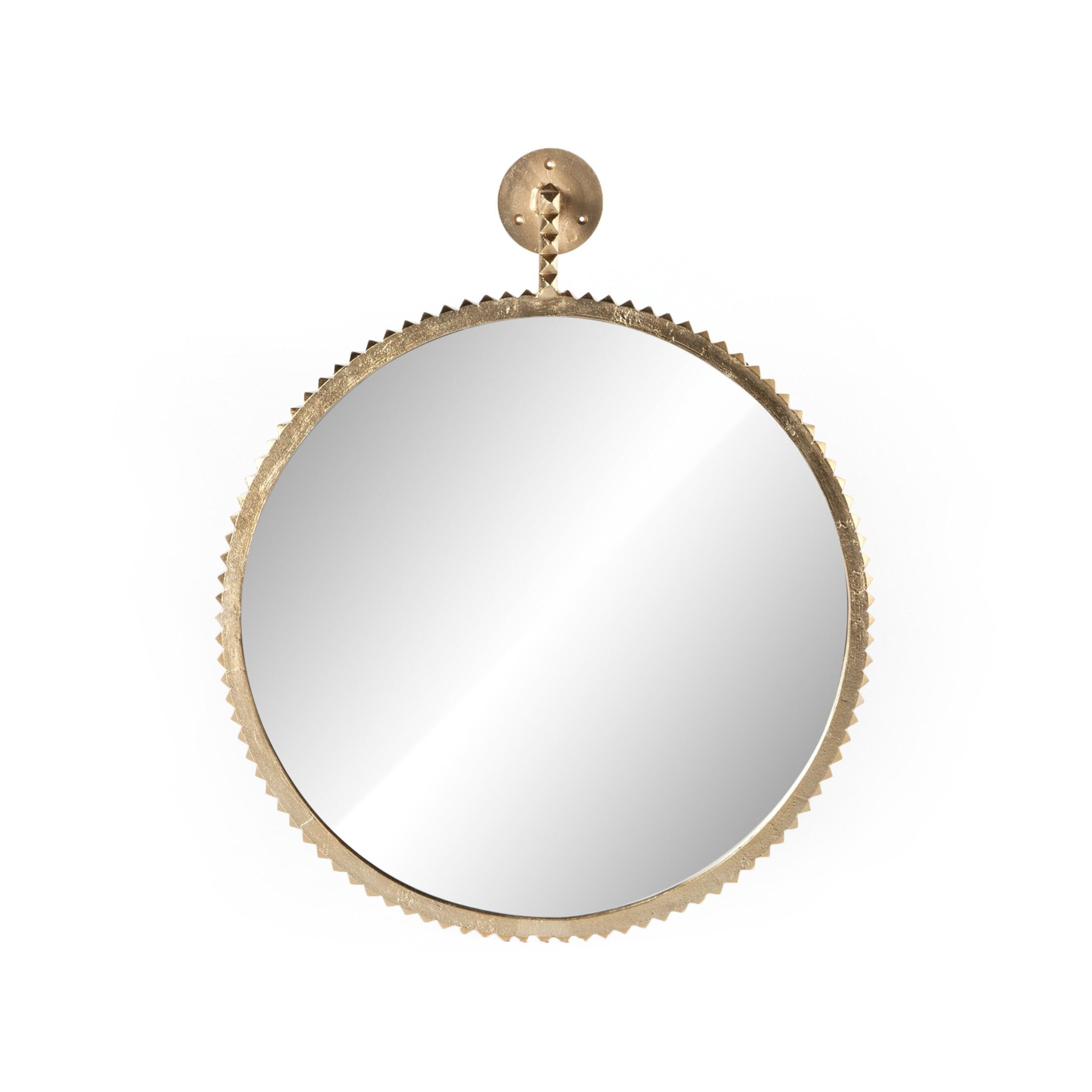 A large wall mirror with a sculptural cast aluminum frame finished in aged gold.
