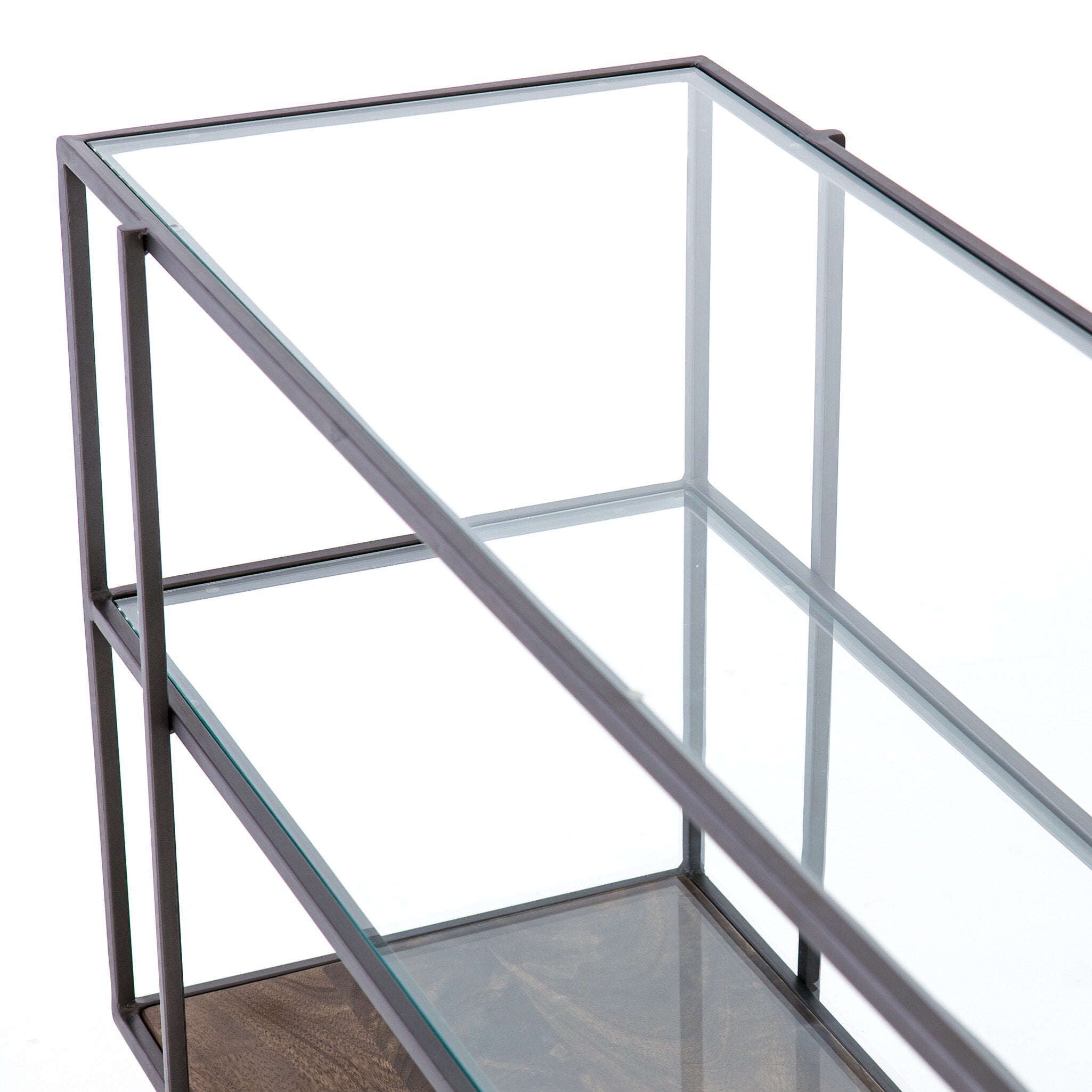 Glass display case with metal frame on a white background