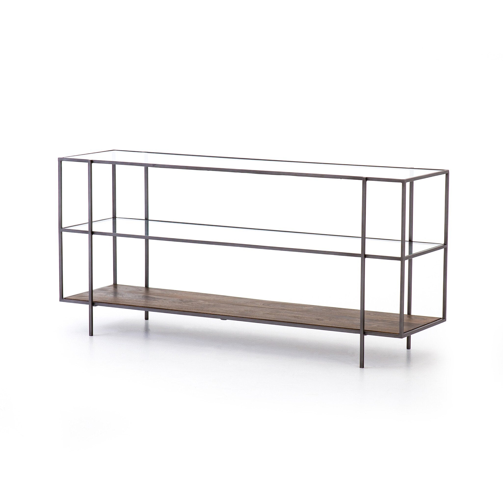 Console table with metal frame and wooden shelf on a white background
