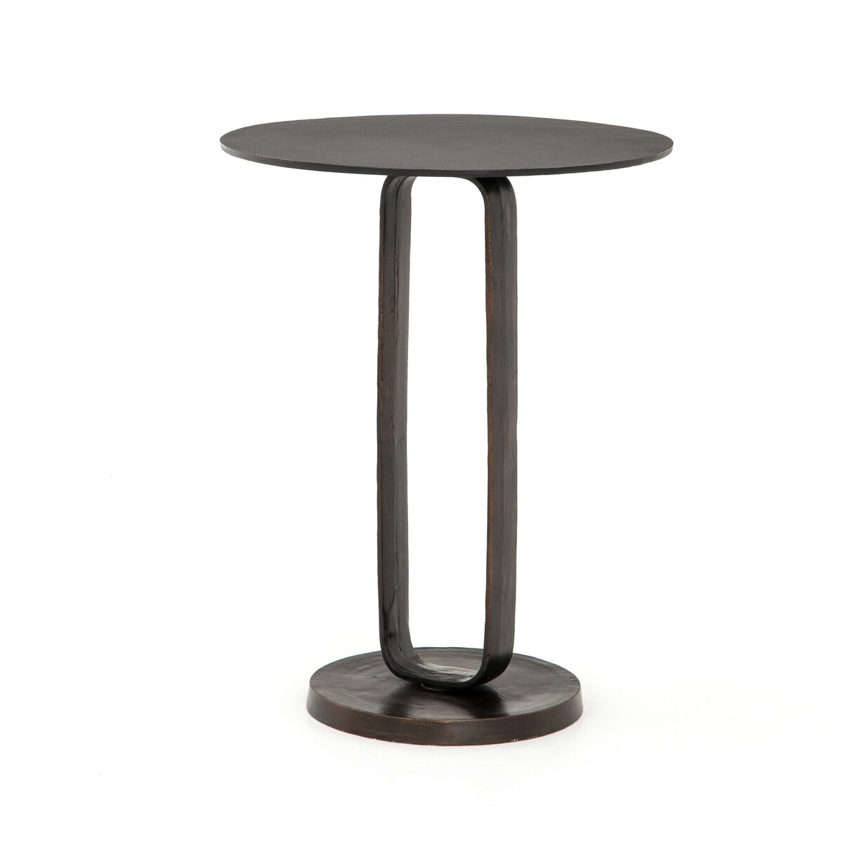 Round side table with a unique base design on a white background