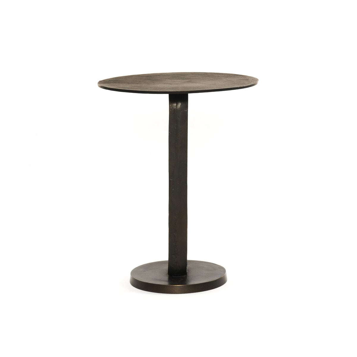 Round wooden table with a black metal base on a white background