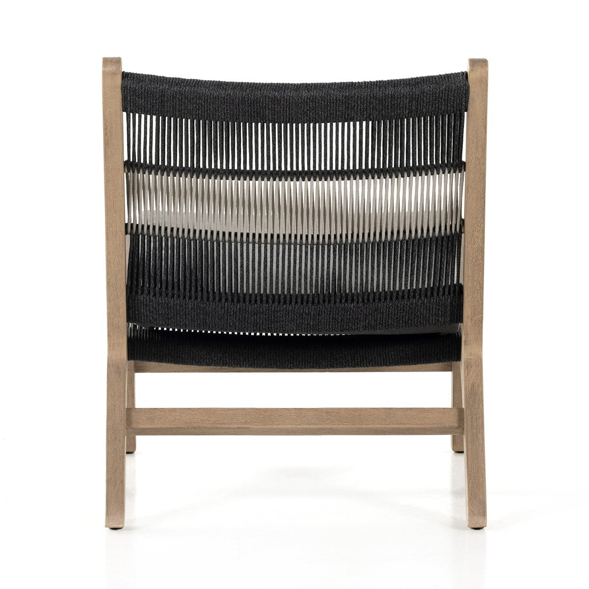 Chair with black woven backrest and wooden frame on a white background