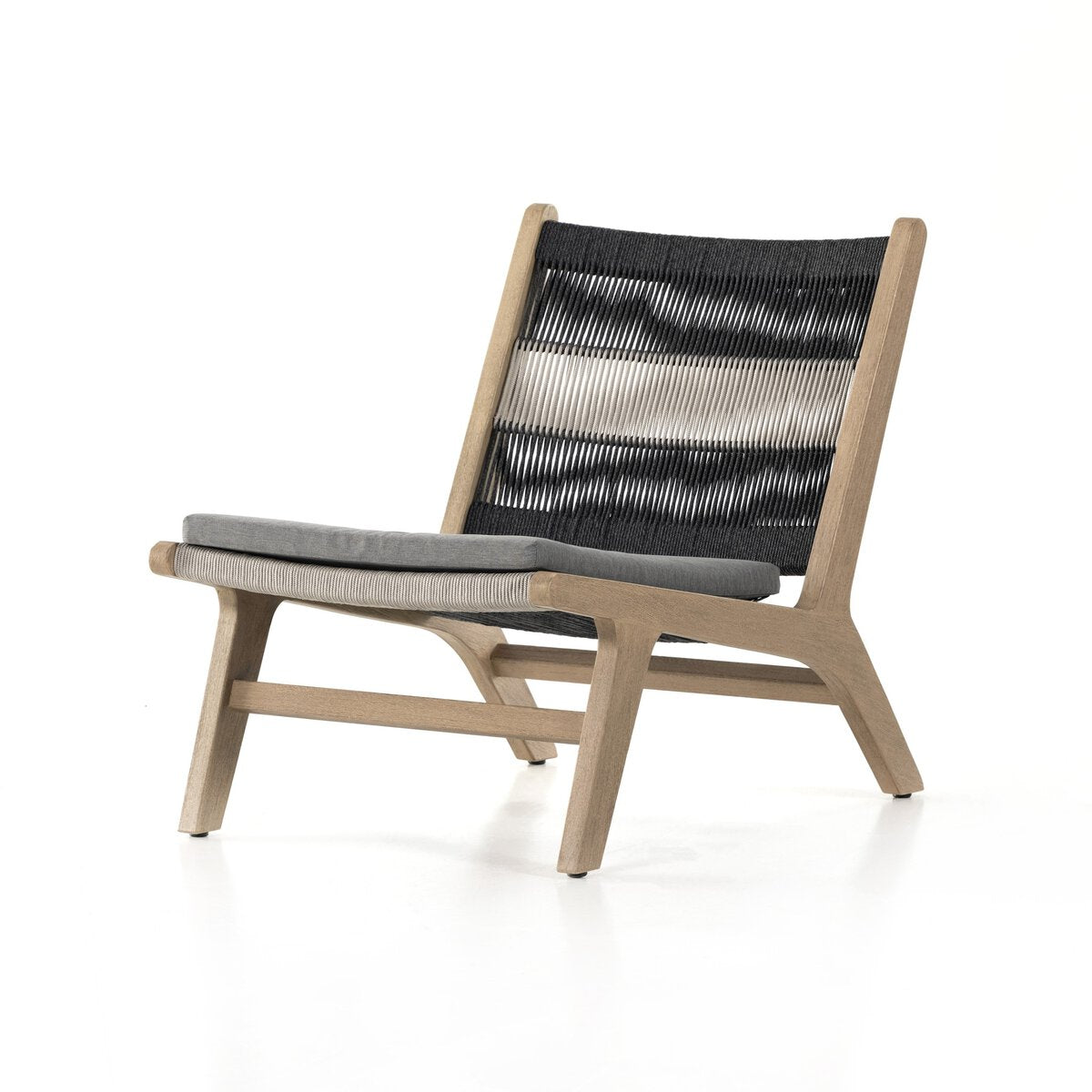 Chair with black woven backrest and gray cushion on a white background