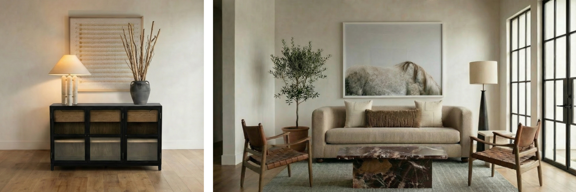 Two living room scenes with furniture and decor.