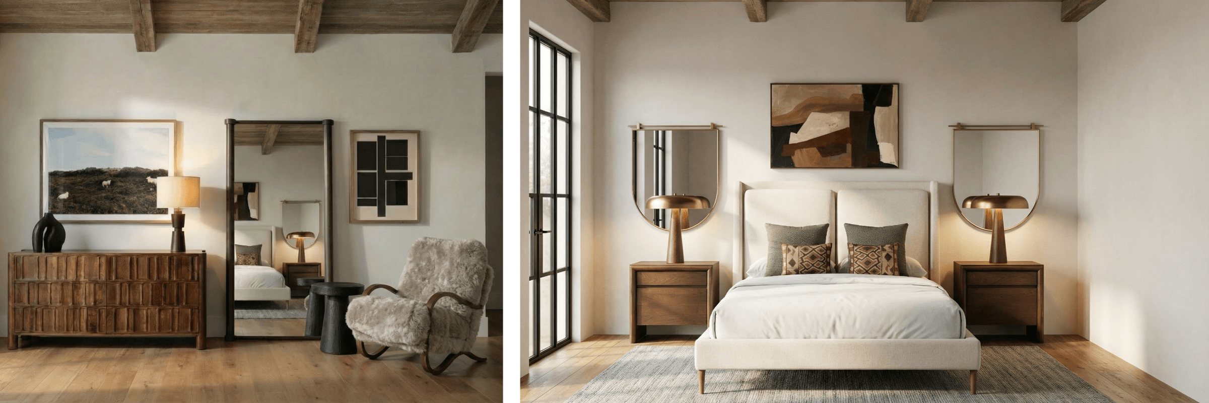 Two bedroom interior designs with furniture and decor.