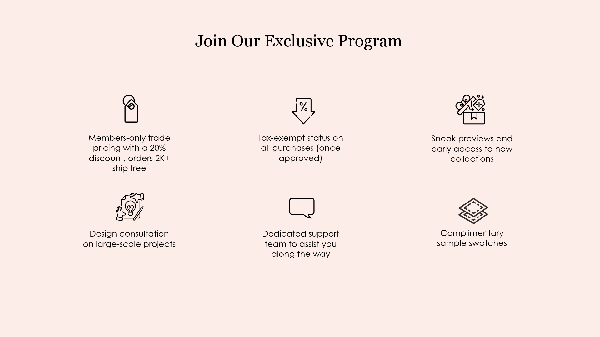 Join Known's Exclusive Trade Program where members only trade pricing gets a 20% off discount and order two thousand or more get free shipping. Members can qualify for tax exempt status on all purchases and get sneak previews and early access to new collections. 
