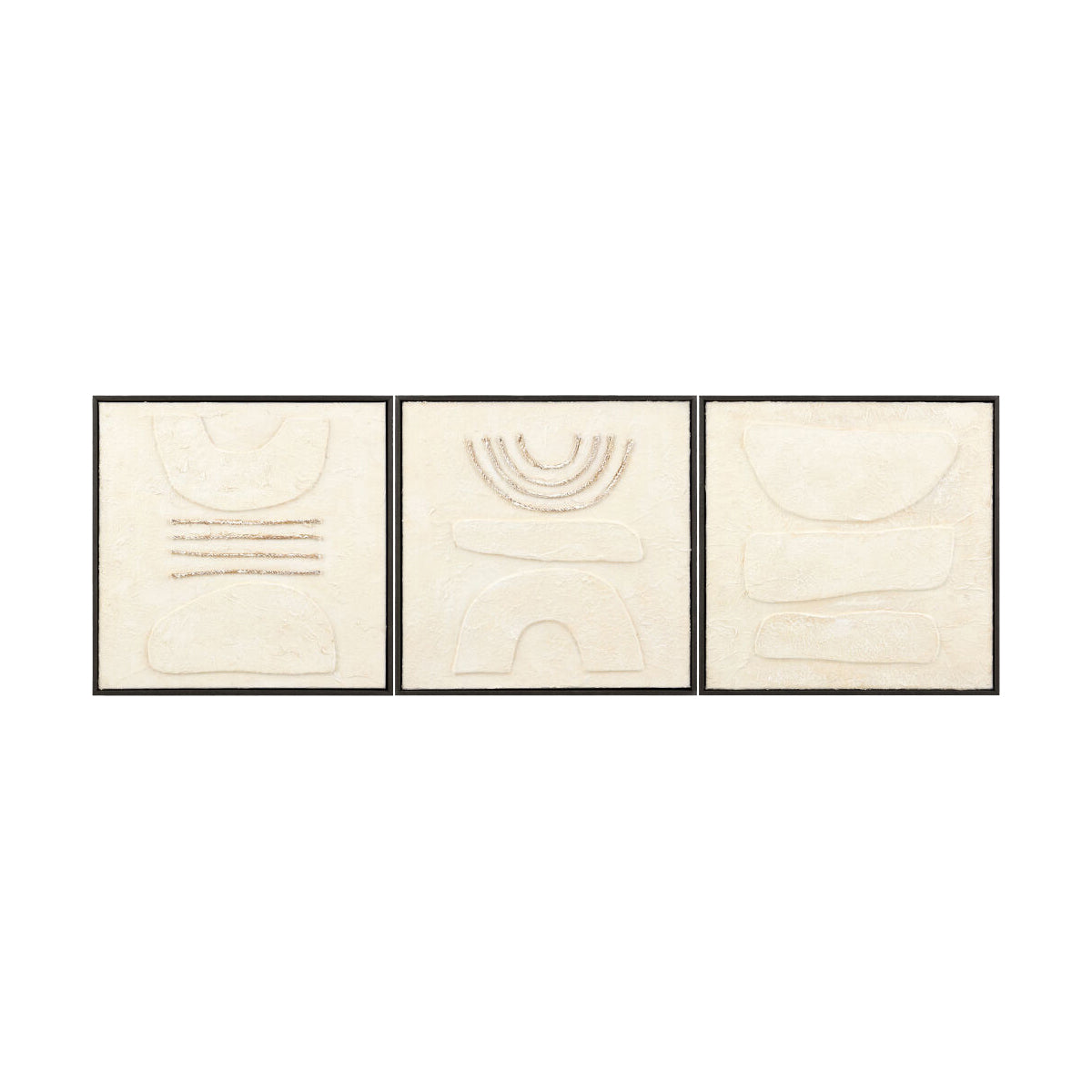 A three-panel abstract wall art set featuring textured cream panels with embossed organic shapes and lines, framed in black and displayed against a solid white background.