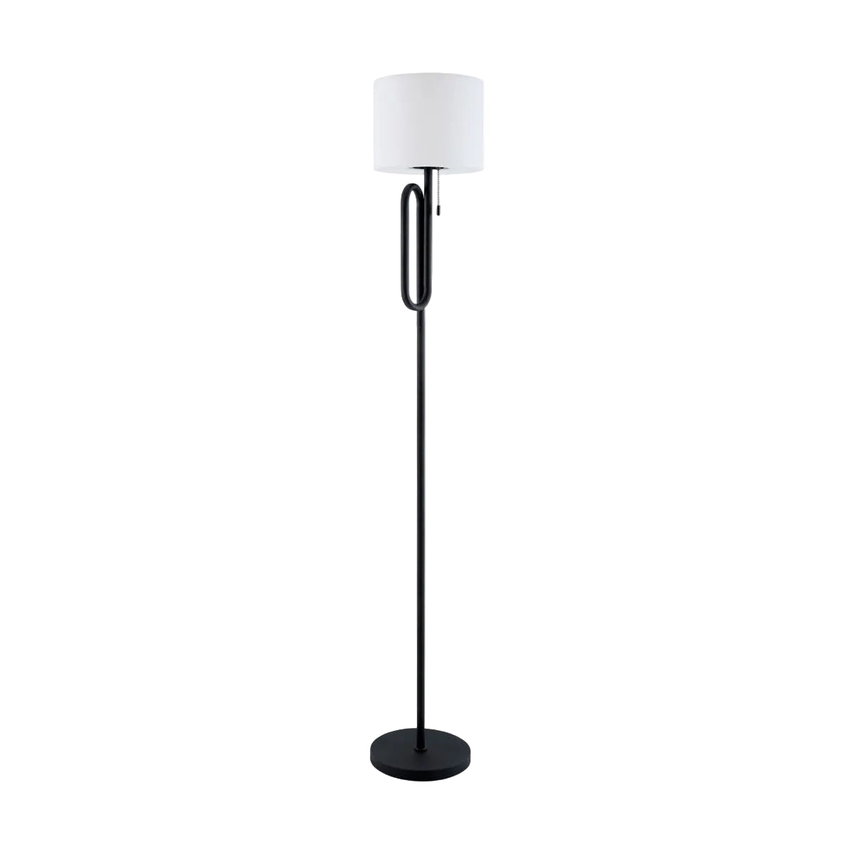 A modern black floor lamp with a cylindrical white shade, a curved U-shaped stem, and a round base, shown against a plain white background.
