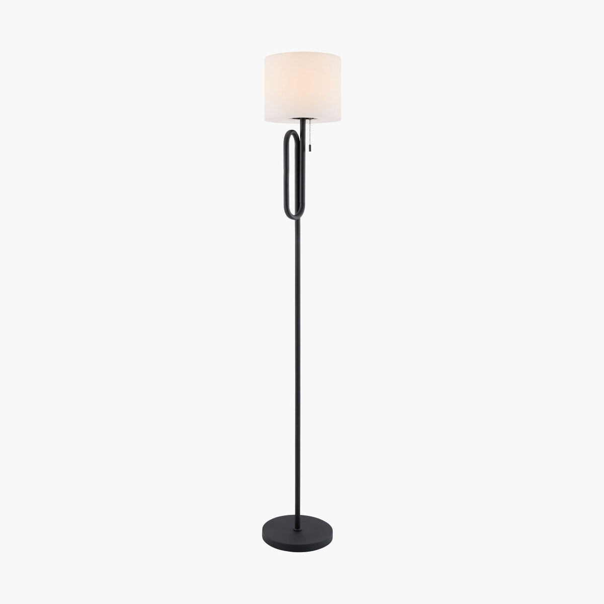 A modern black floor lamp with a cylindrical white shade, a curved U-shaped stem, and a round base, shown against a plain white background.