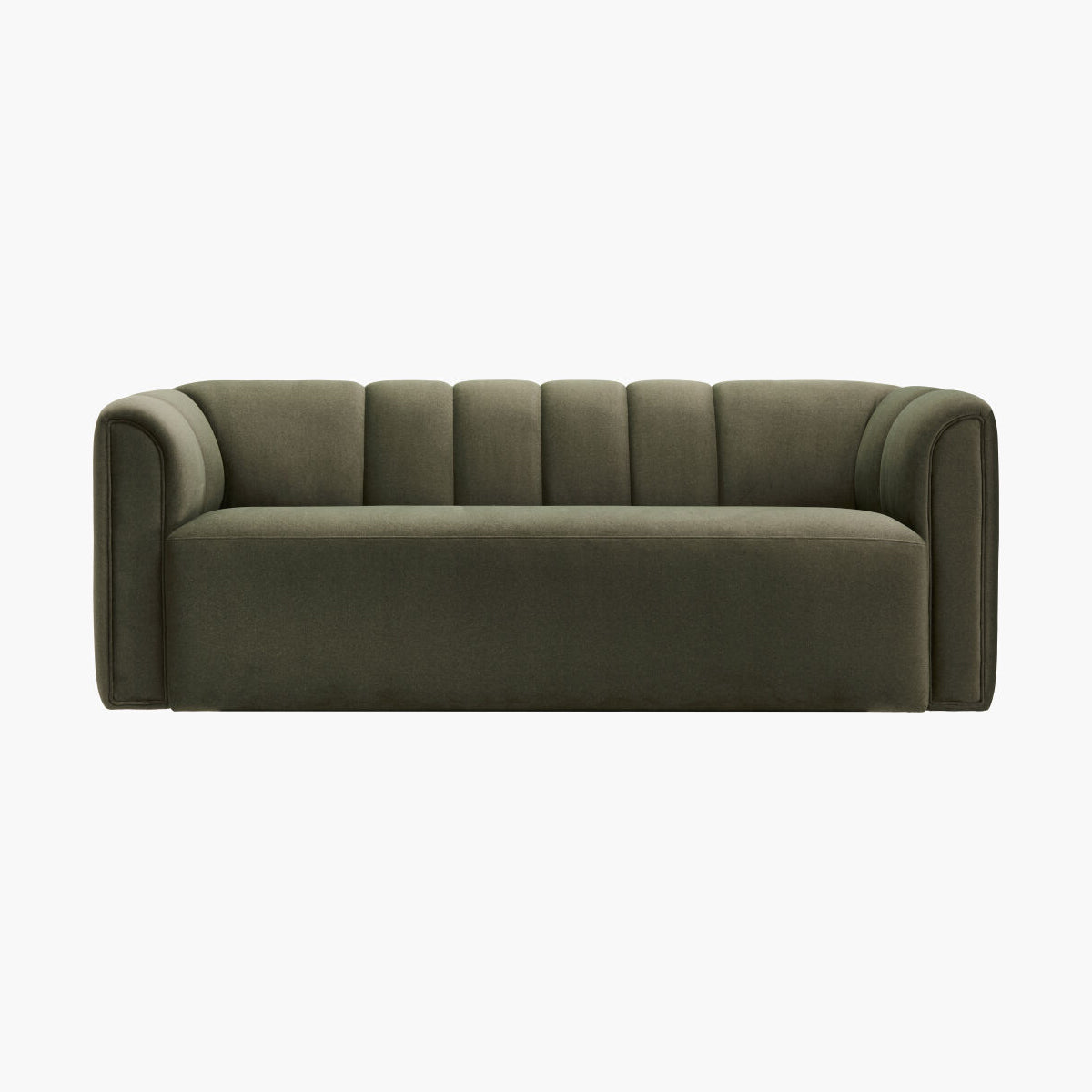 An olive green velvet loveseat sofa with a channel-tufted backrest and rounded arms, shown against a plain white background.