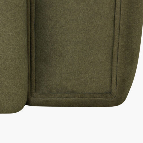 Close-up of an olive green upholstered furniture corner showing the fabric texture and stitched edge details against a white background.