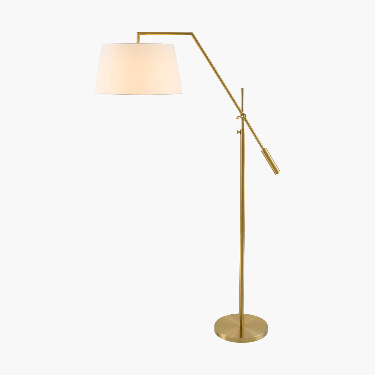 A modern floor lamp with a slim gold-finished metal frame, adjustable arm, and a tapered white fabric shade, shown against a plain white background.