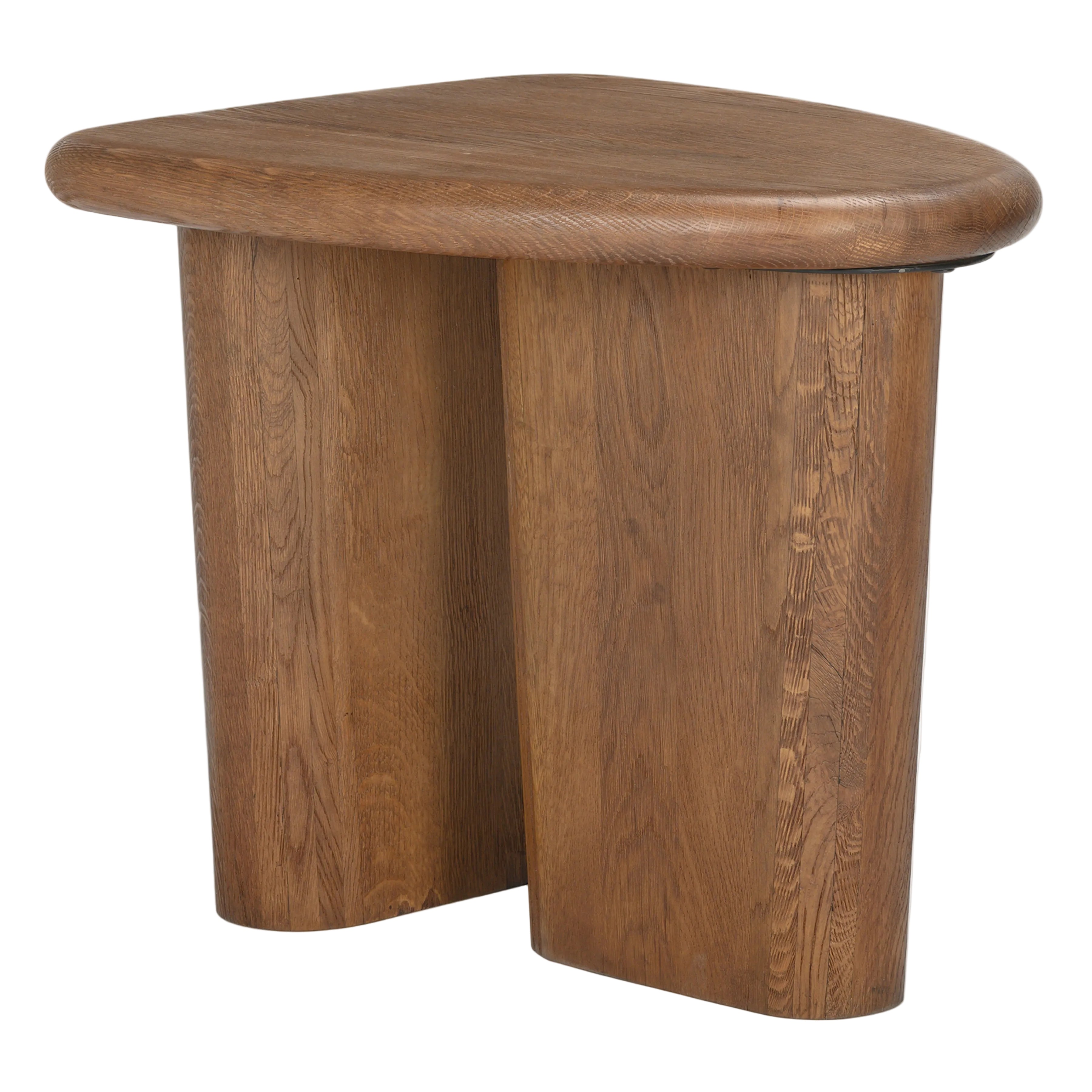 Wooden side table with a curved design on a white background