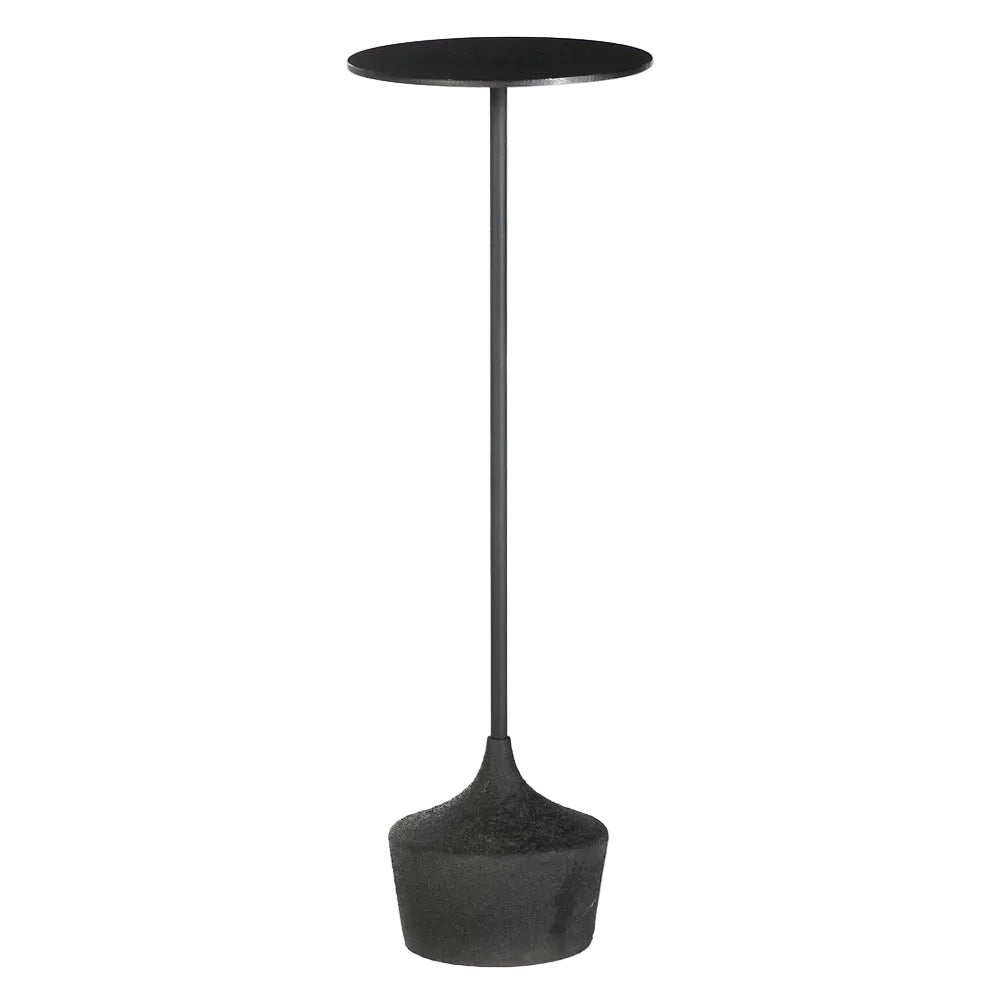 Black metal side table with pointed base on a white background