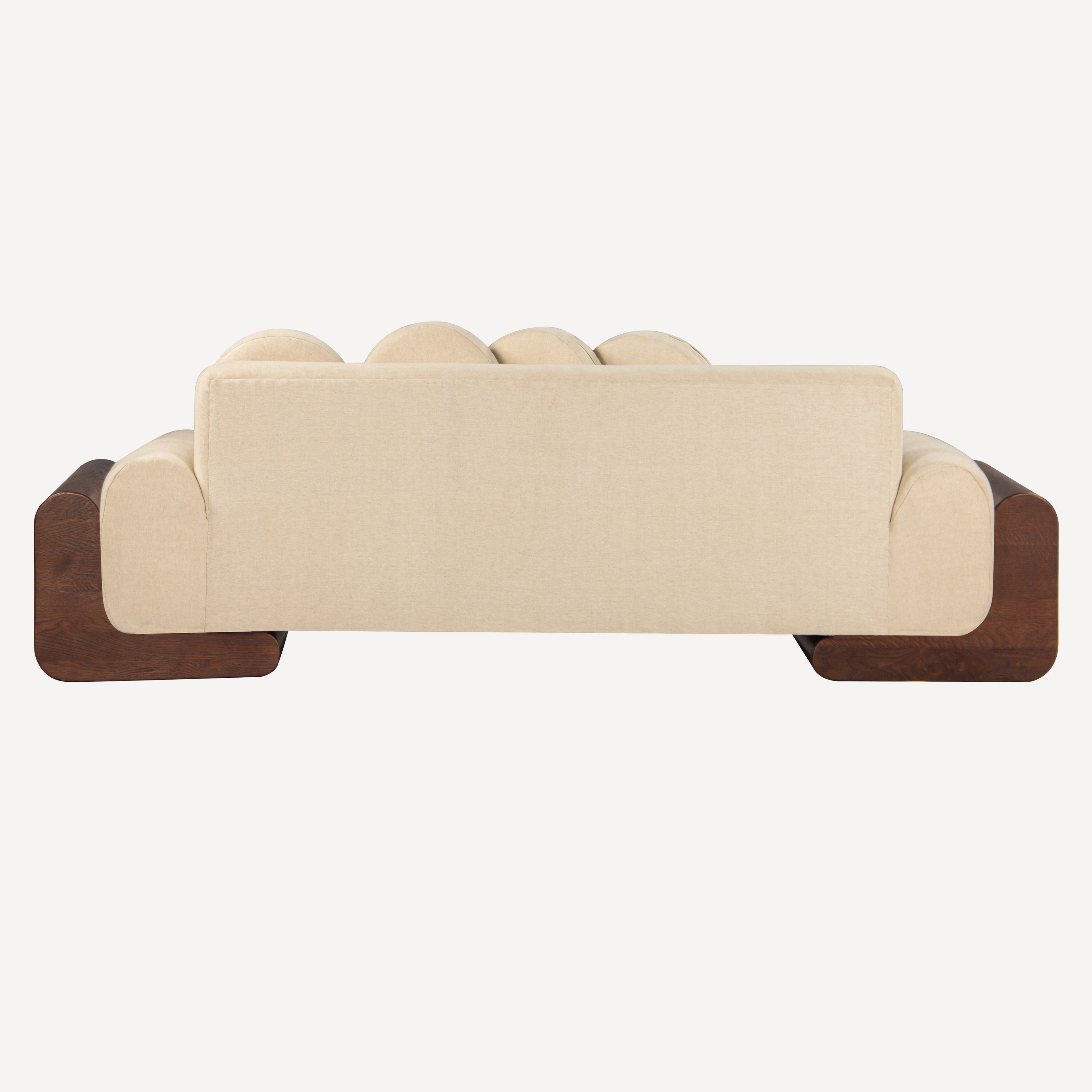 A modern three-seater sofa with a cream-colored textured fabric upholstery and dark brown wooden block feet, shown from a straight-on perspective against a plain light background.