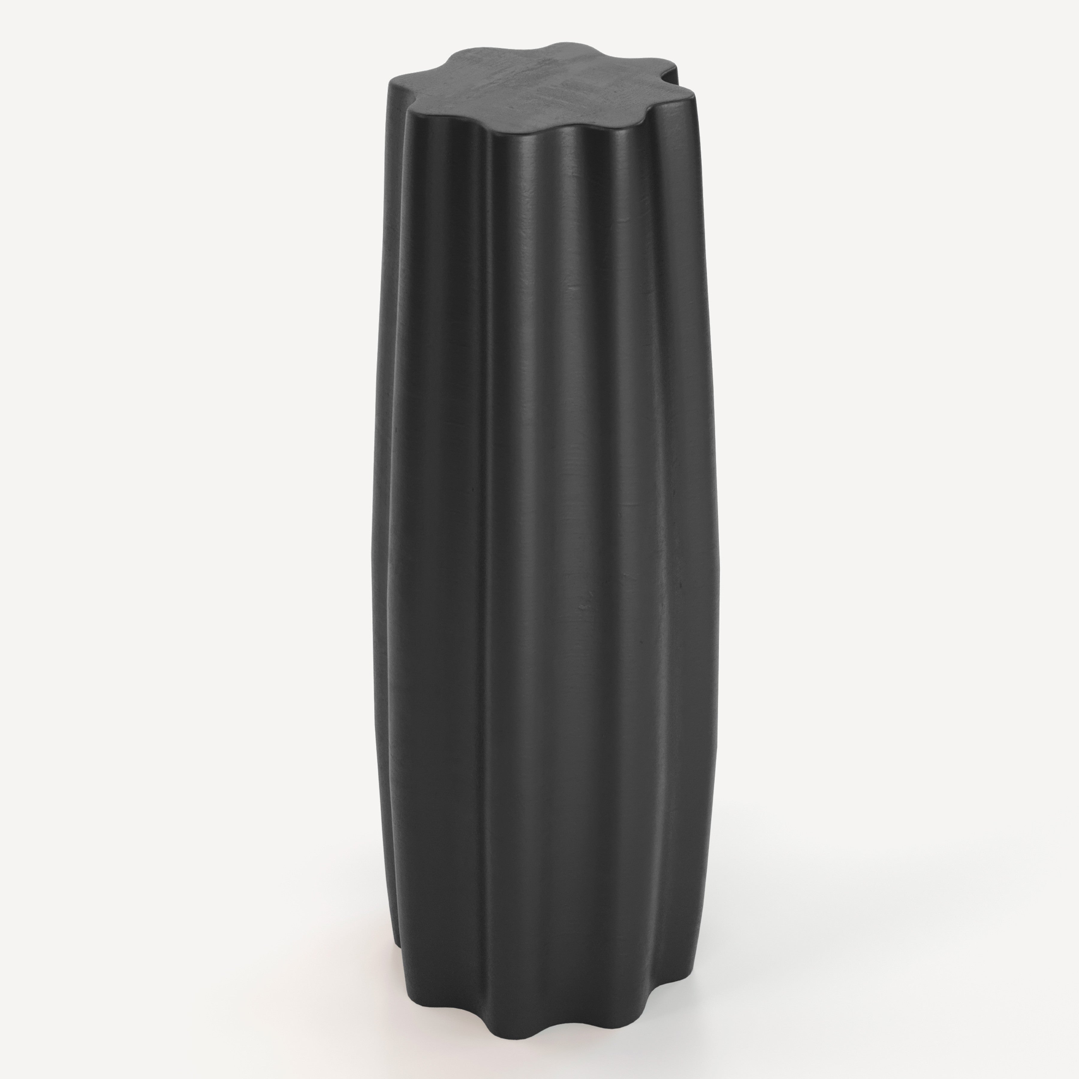 A modern black concrete pedestal with a fluted, scalloped top edge, shown on a clean white background.