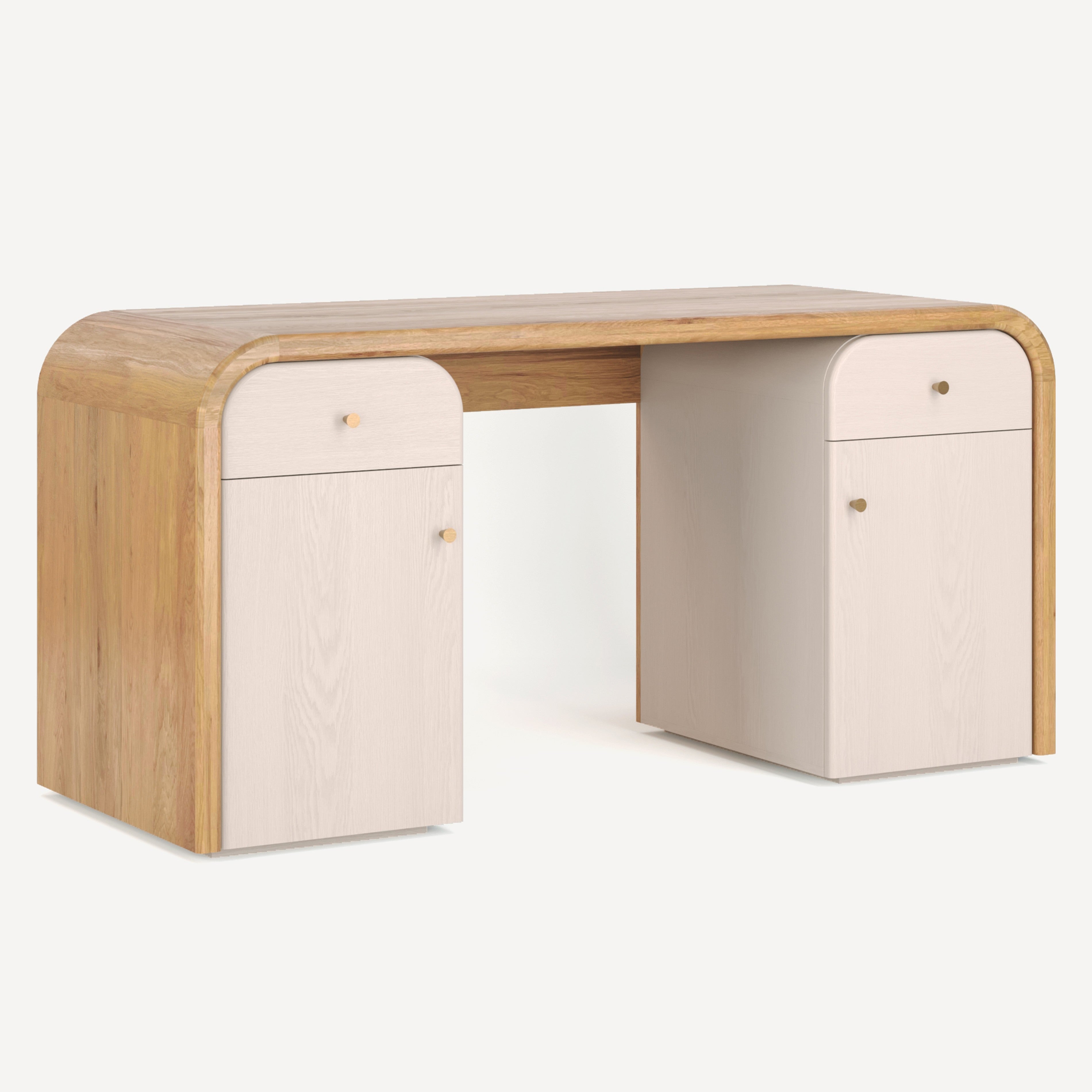 Wooden desk with white drawers on a white background
