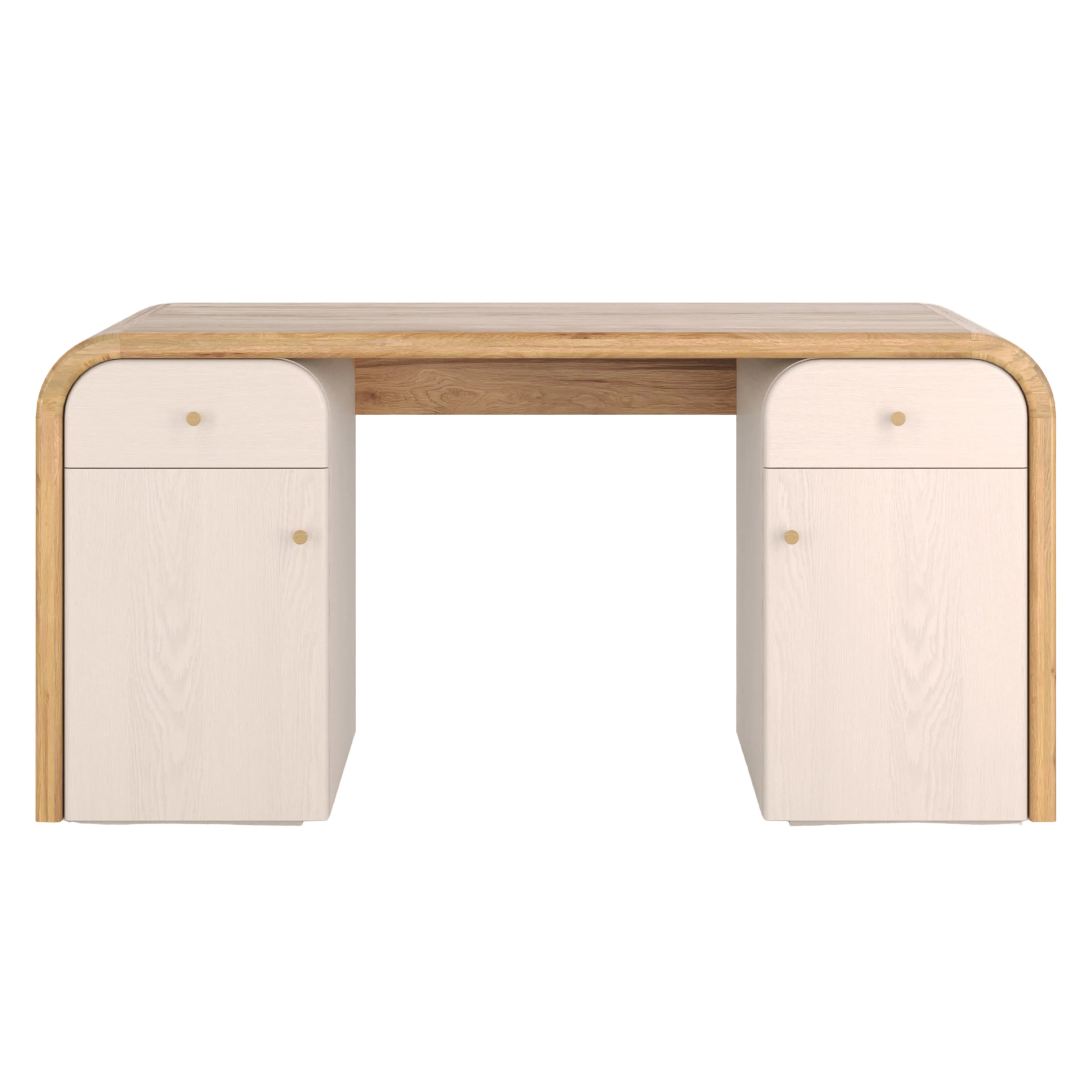 Wooden desk with two drawers on a white background