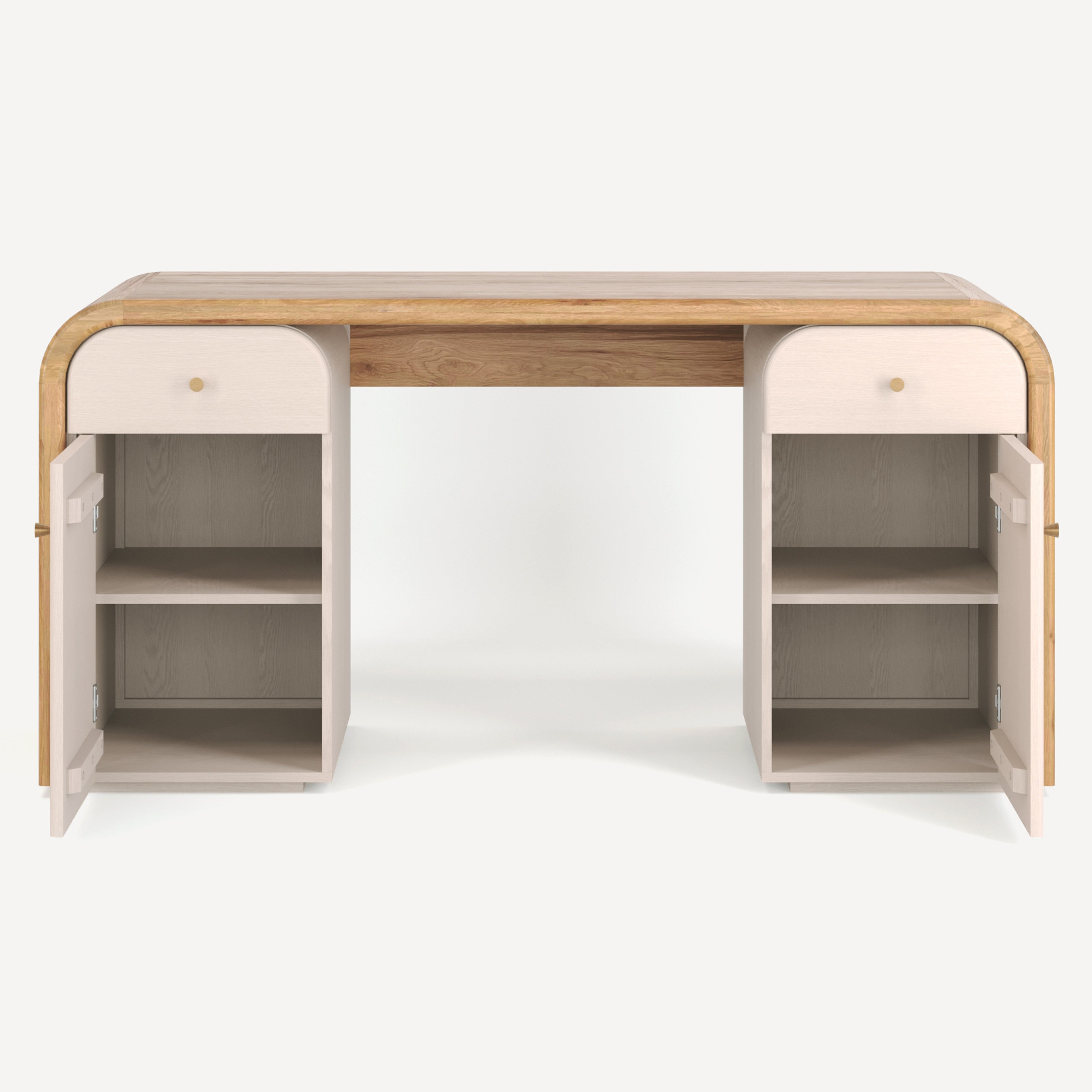 Wooden desk with open drawers on a white background