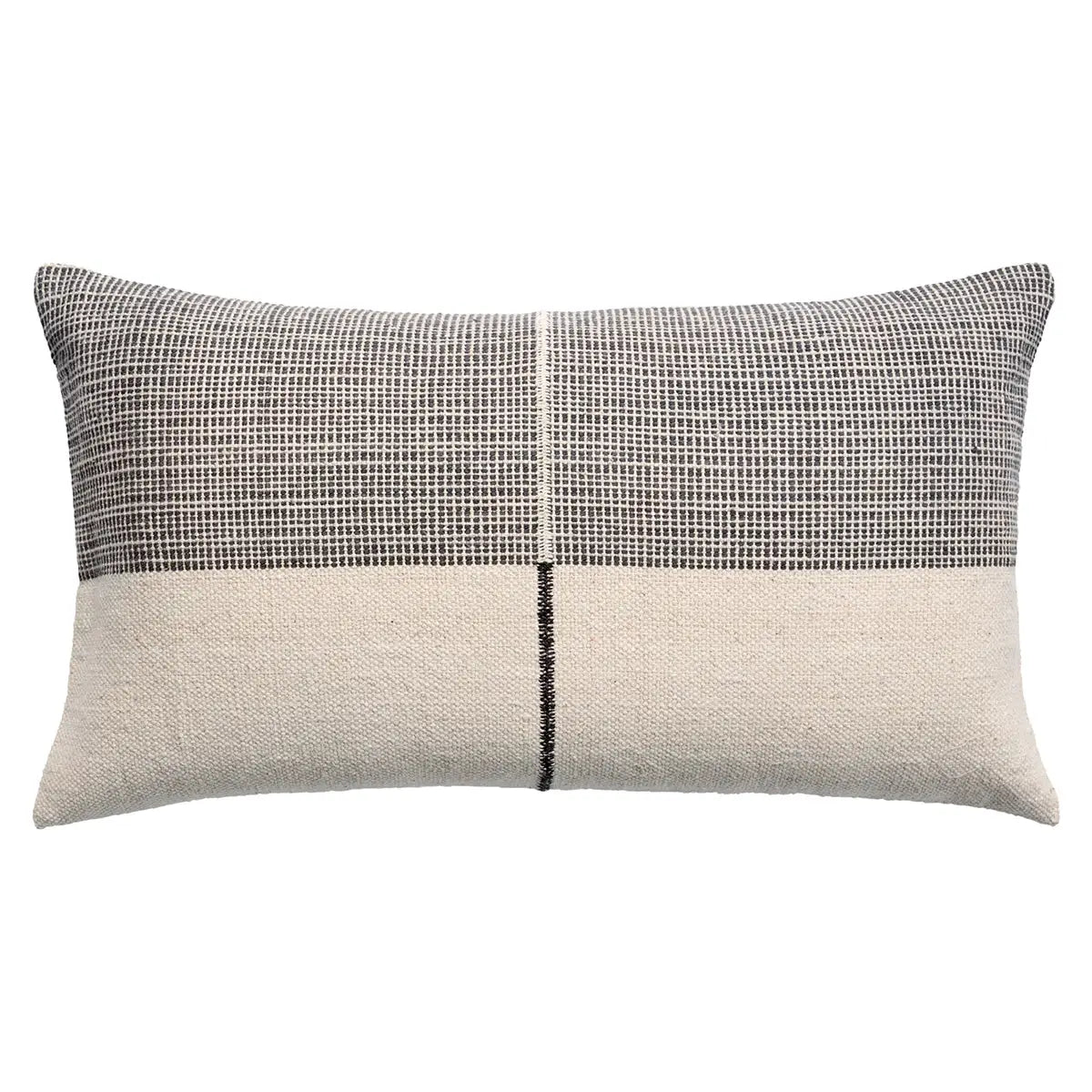 Rectangular Lumbar pillow with two-tone gray and beige pattern on a white background