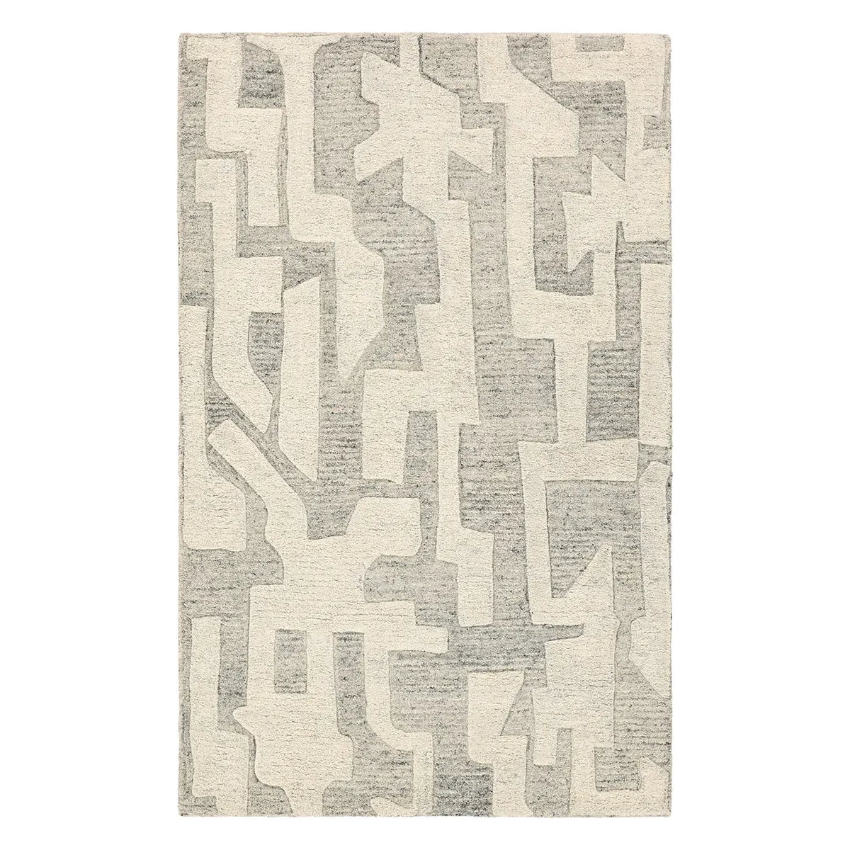 An abstract geometric area rug with a modern maze-like pattern in shades of gray and off-white, shown flat against a white background.