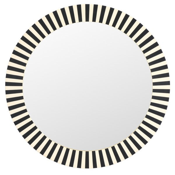 Round mirror with black and white striped border on a white background