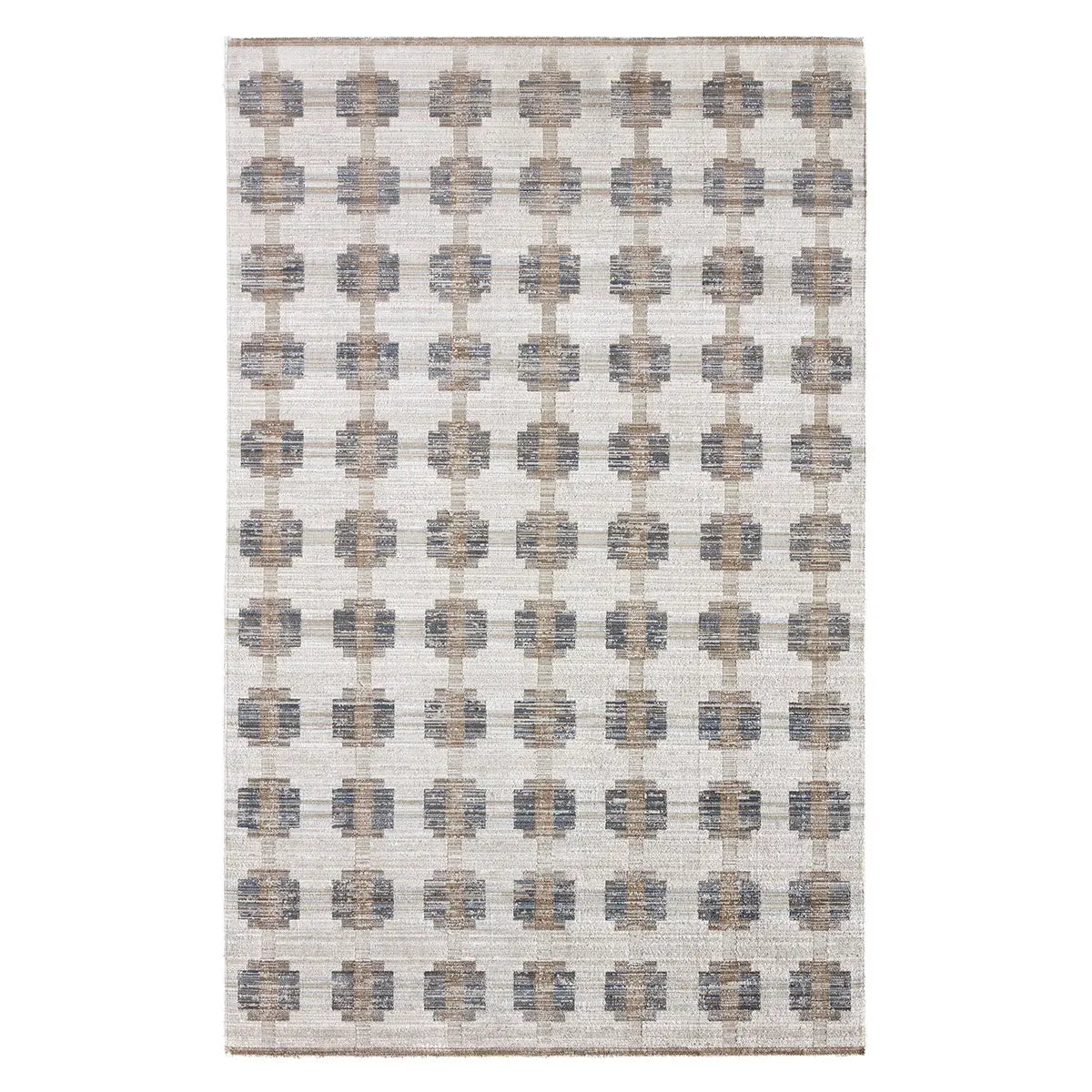 Patterned rug with geometric design on a white background