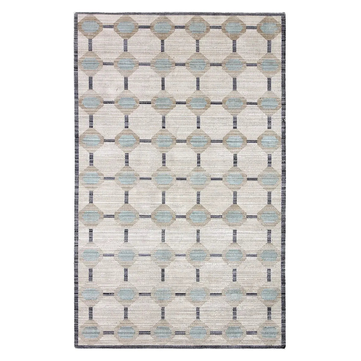 Patterned rug with geometric design on a white background