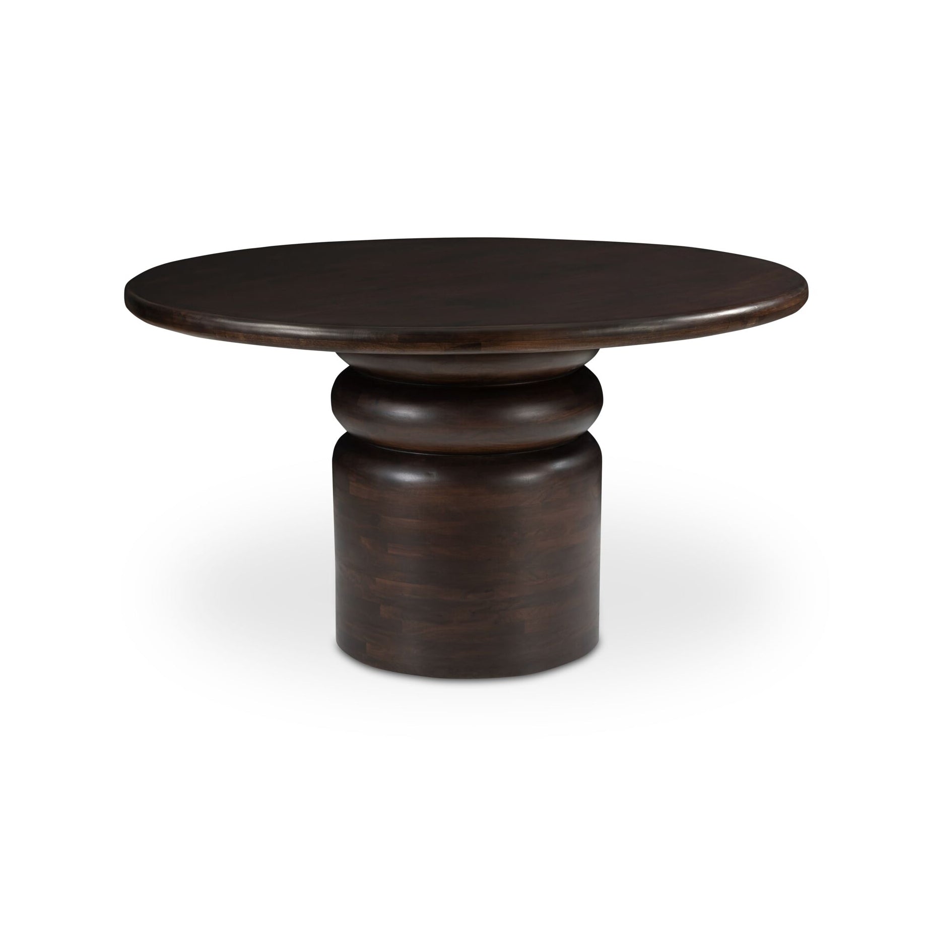 A dark brown wooden pedestal side table with a round top and a cylindrical base, shown on a clean white background.