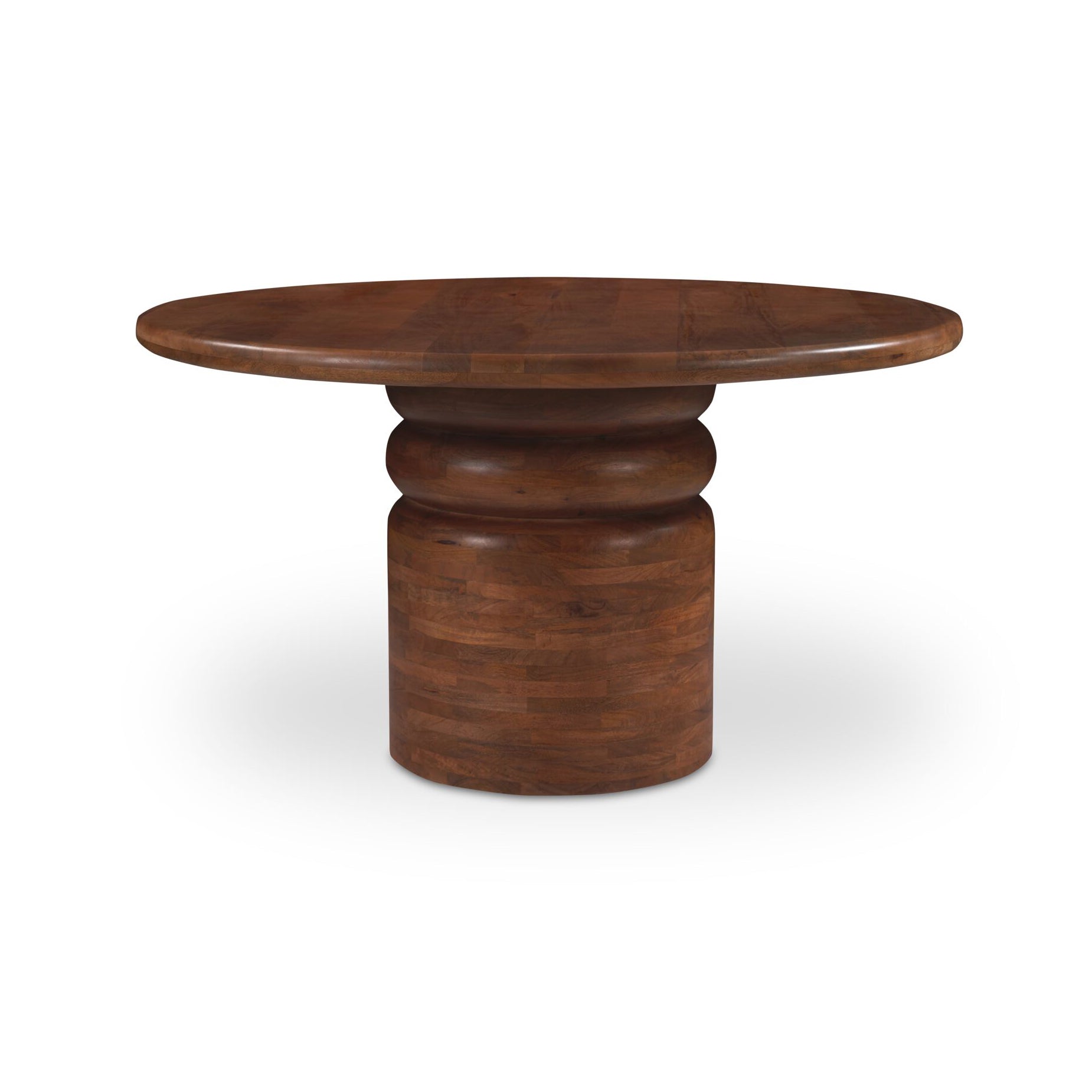 A round wooden pedestal table with a medium-to-dark brown finish, featuring a thick cylindrical base with two stacked ring details and a smooth, slightly tapered round tabletop, shown on a white background with a soft shadow.