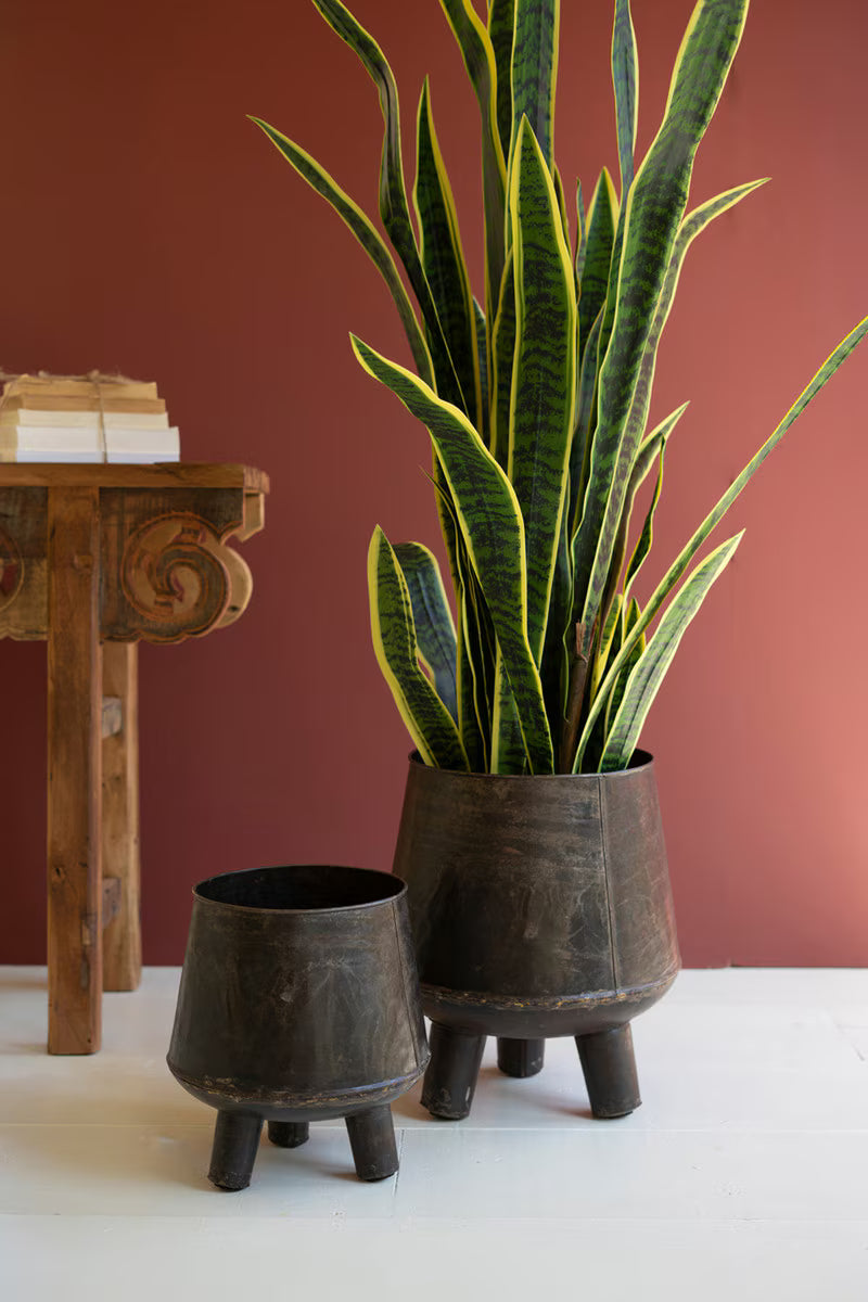 Set of 2 Hand-Hammered Iron Planters with Legs