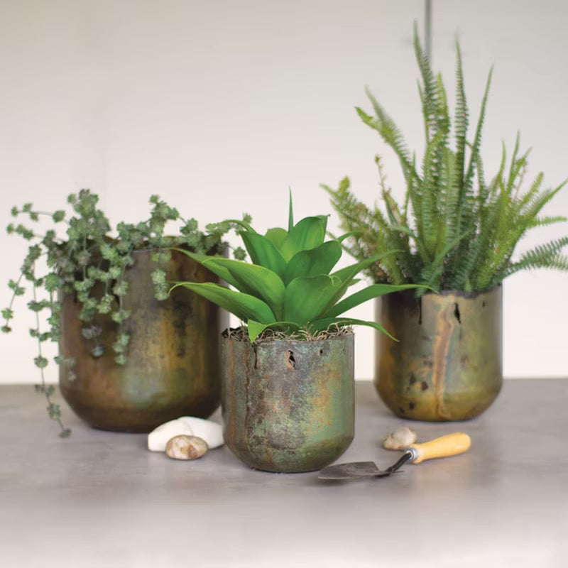Rustic Verdigris Iron Planters - Set of 3