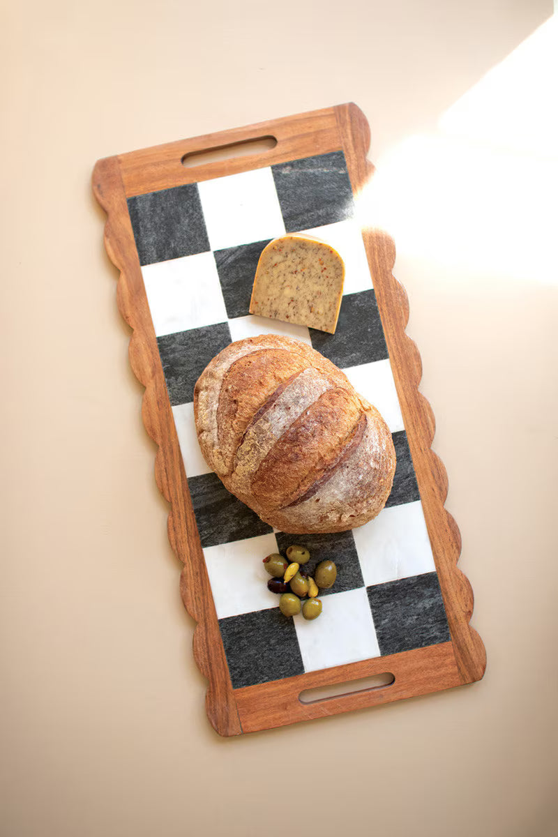 Acacia Wood and Marble Checkered Serving Board