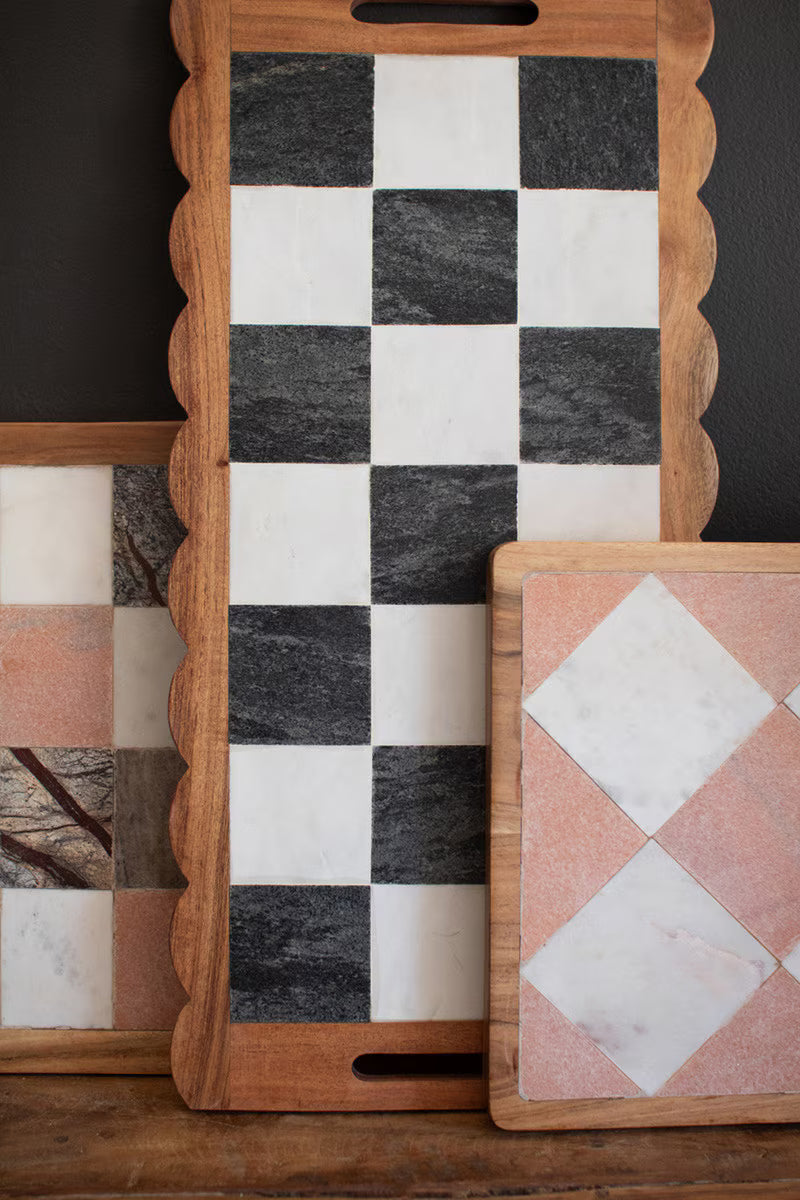 Acacia Wood and Marble Checkered Serving Board