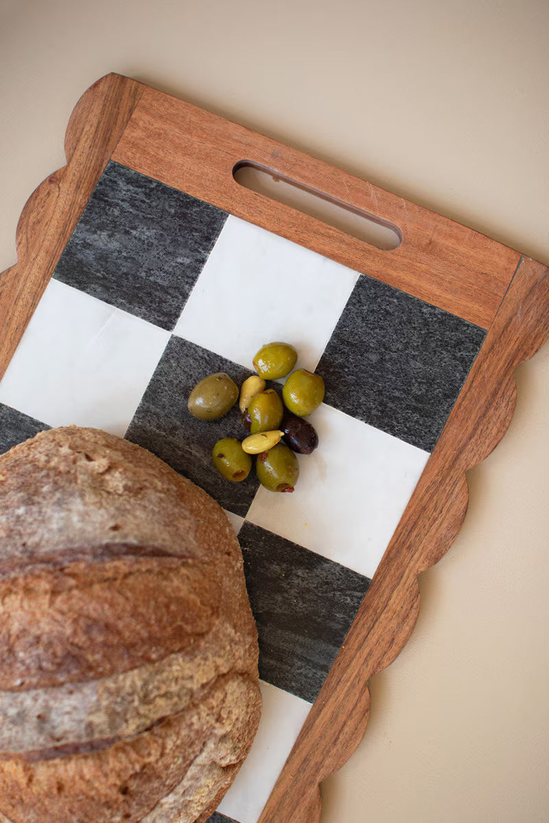 Acacia Wood and Marble Checkered Serving Board