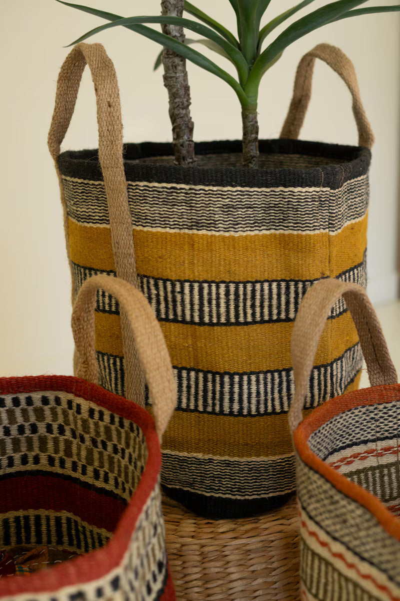 Set of 3 Multi-Colored Woven Jute Baskets with Handles