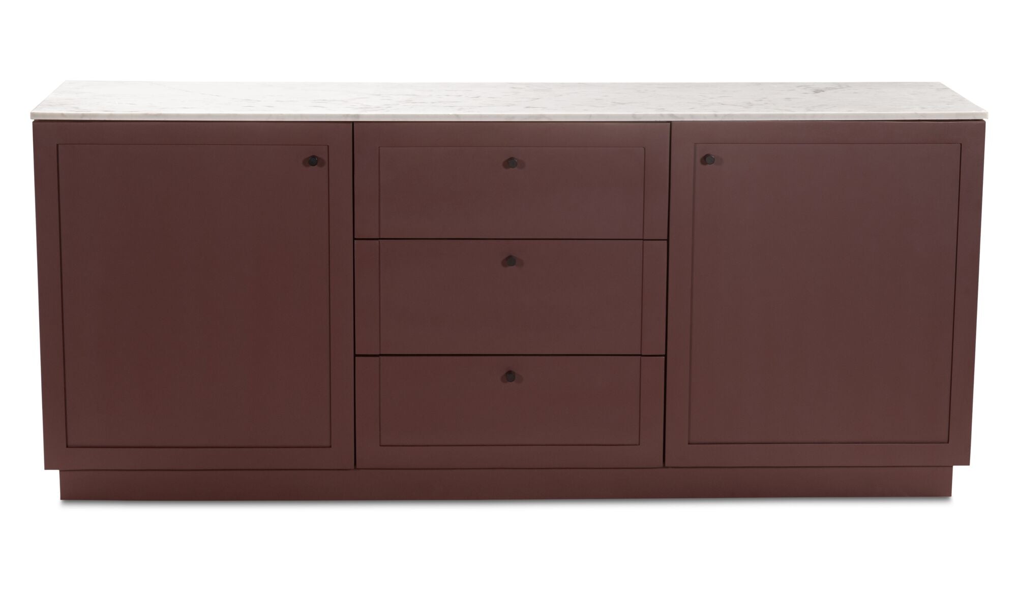 Brown cabinet with white marble countertop on a white background