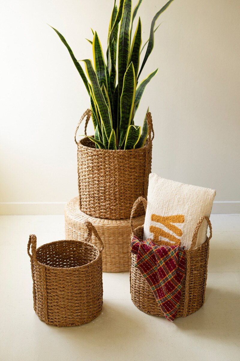 Set of 3 Round Braided Seagrass Storage Basket with Handles