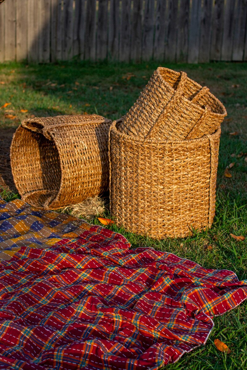 Set of 3 Round Braided Seagrass Storage Basket with Handles