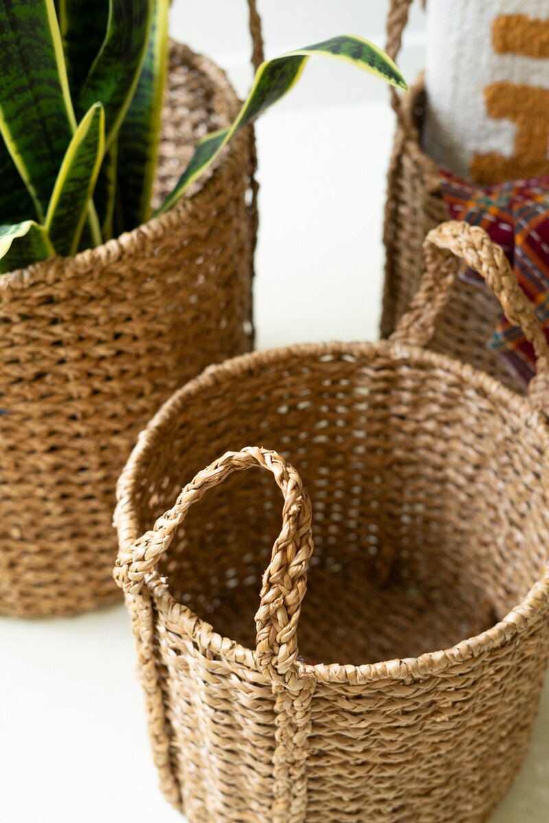 Set of 3 Round Braided Seagrass Storage Basket with Handles