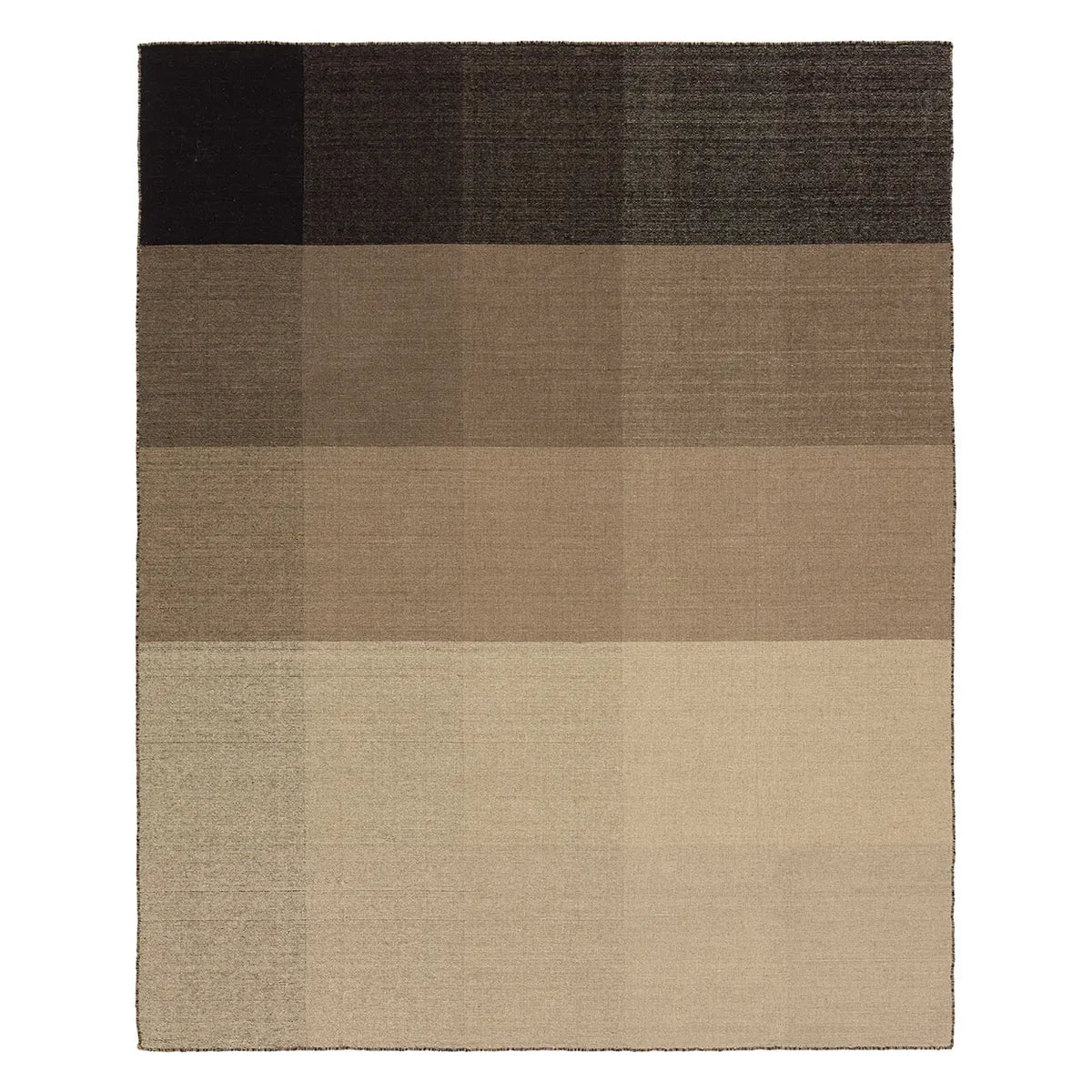 A rectangular area rug with a modern block pattern in horizontal stripes of black, dark brown, taupe, tan, and light beige, shown flat against a white background.