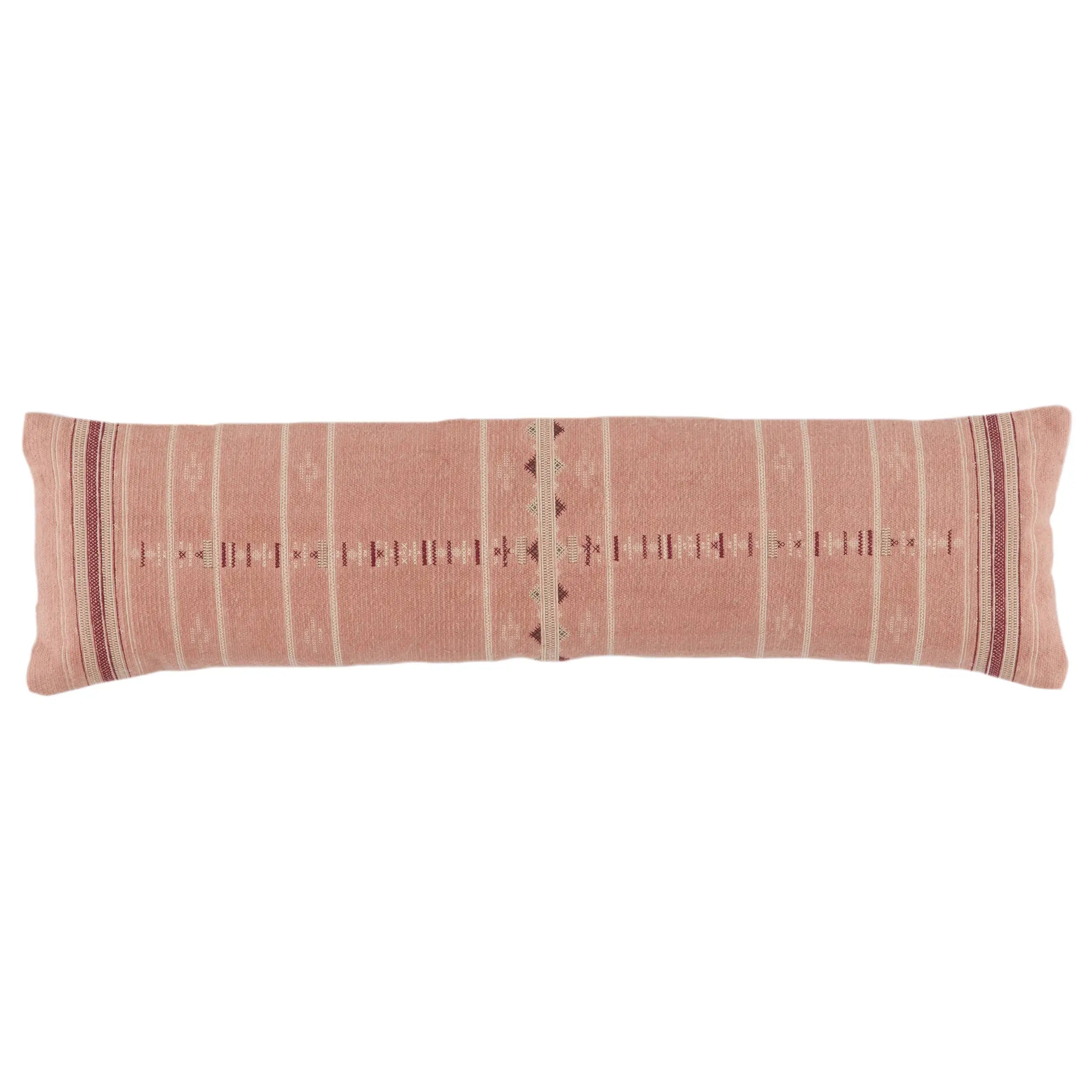 Long rectangular pink pillow with a striped pattern on a white background