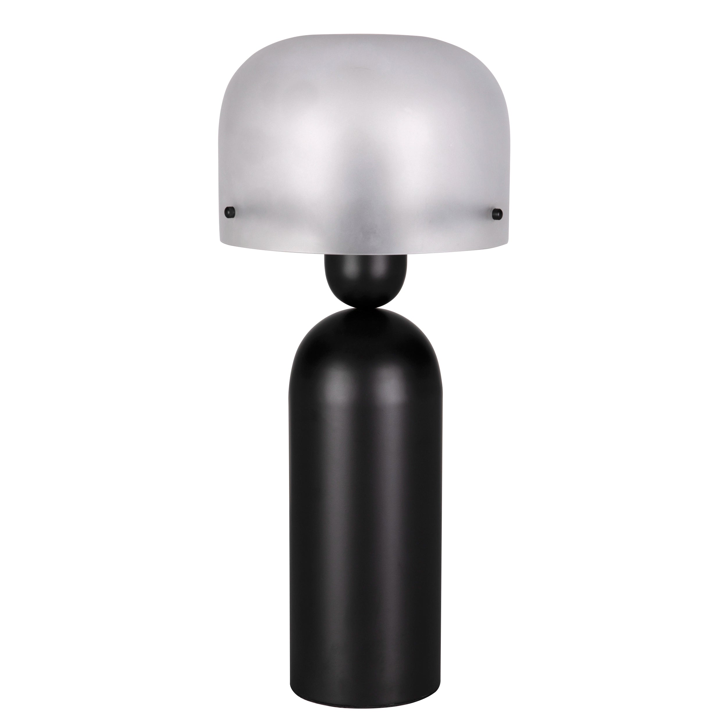 Table lamp with a black base and frosted glass shade on a white background
